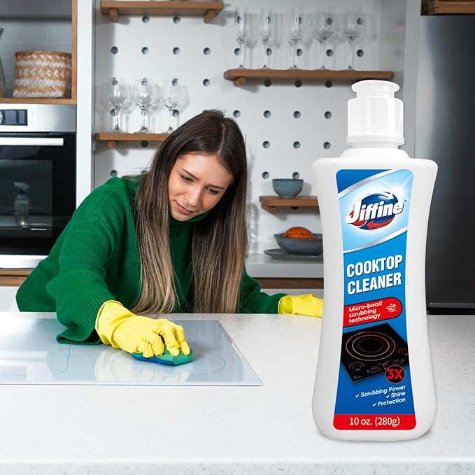 Glass Cooktop Cleaner Kit & Polish - 10 oz Stove Top Cleaner with Scrubbing Pad, Scraper & Microfiber Cloth - Removes Burnt-On Food, Tough Stains, No Scratches, Streak-Free Shine