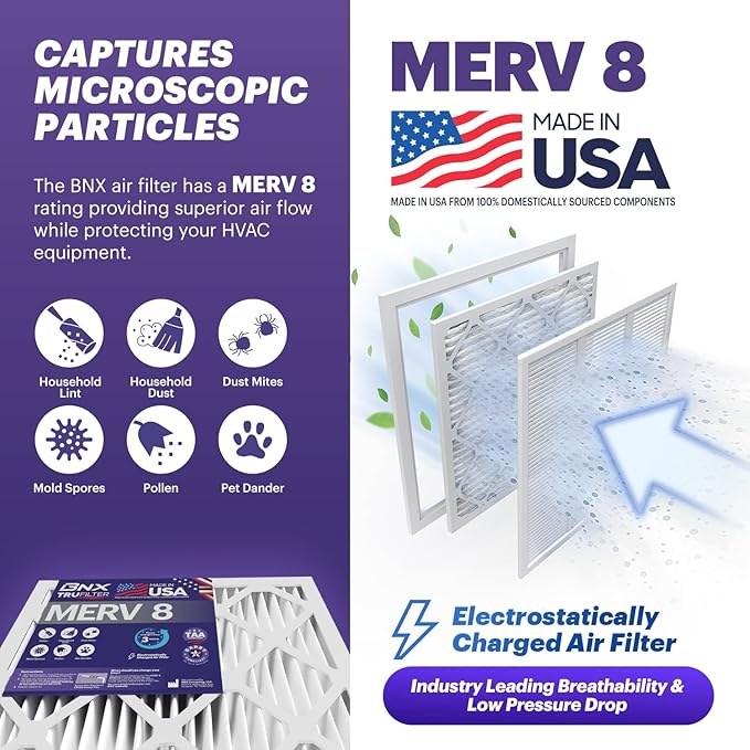 BNX TruFilter 16x20x1 Air Filter MERV 8 (6-Pack) - MADE IN USA – Dust & Pet Defense Electrostatic Pleated Air Conditioner HVAC AC Furnace Filters for Dust, Pet, Mold, Pollen MPR 600 – 700 & FPR 5