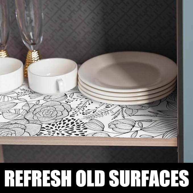 Floral Drawer and Shelf Liner for Kitchen 16IN x 20FT, Non-Adhesive and Strong Non-Slip Cabinet Drawer Liners, Waterproof Thickened Shelf Liner,Easy to Clean,Black and White