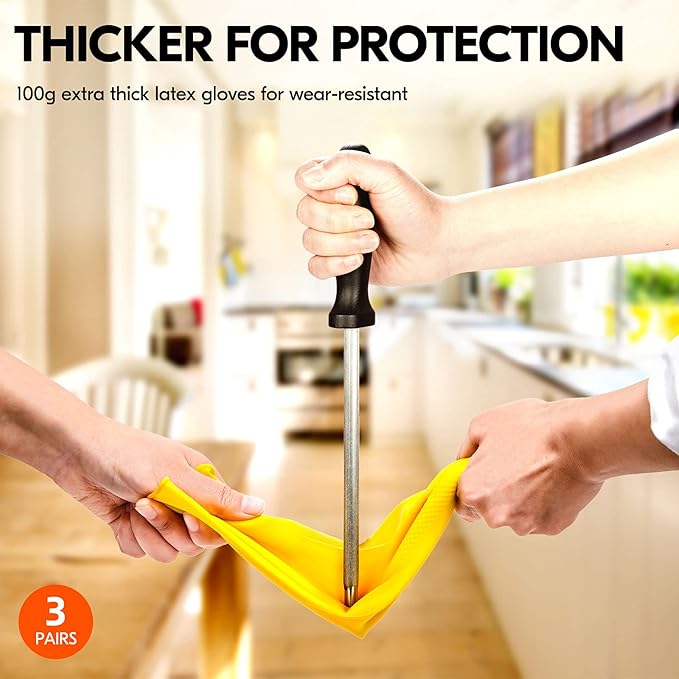 Vgo... 3-Pairs Reusable Household Gloves, Rubber Dishwashing gloves, Extra Thickness, Long Sleeves, Kitchen Cleaning, Working, Painting, Gardening, Pet Care (Size S, Yellow, HH4601)