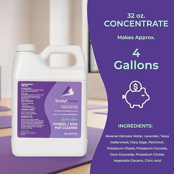 SwaytAway Fitness Mat Cleaner Concentrate – 32oz Lavender Essential Oil Formula – Aromatherapy Yoga Mat Spray for Home & Studio – Makes 4 Gal – Natural Scented Cleaning Solution