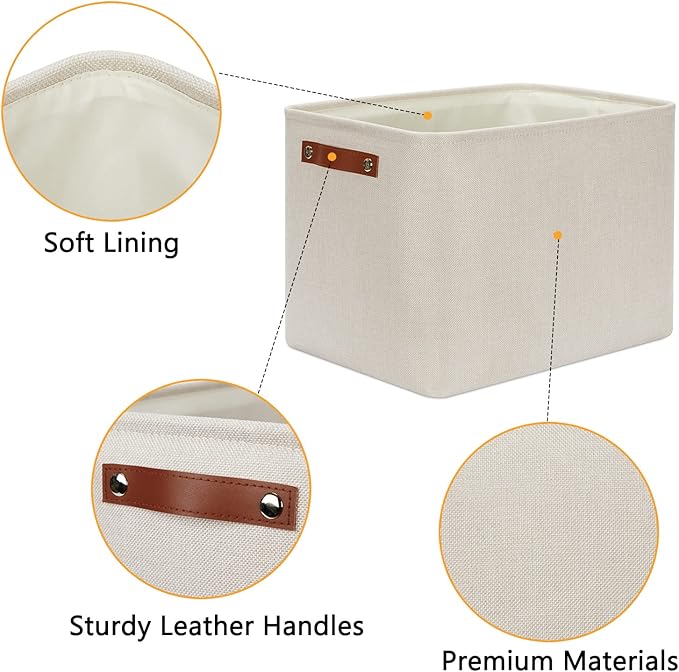 DULLEMELO 2-Pack Large Storage Baskets for Organizing 16"x12"x12" Canvas Fabric Storage Basket Bins With Leather Handles for Shelf Clothes Empty Gift Basket (Beige)