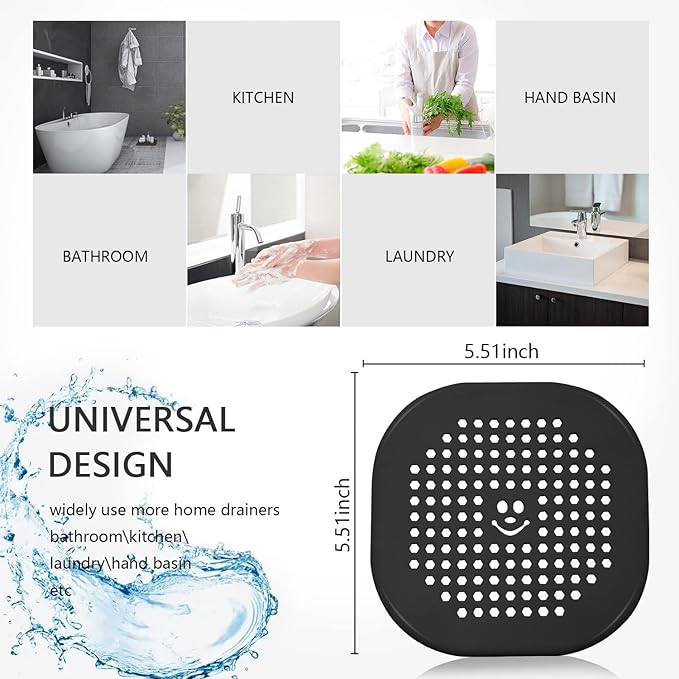 2 Pack Drain Cover Hair Catcher Silicone Drain Protector Hair Stopper for Shower Kitchen Bathroom Bathtub Black
