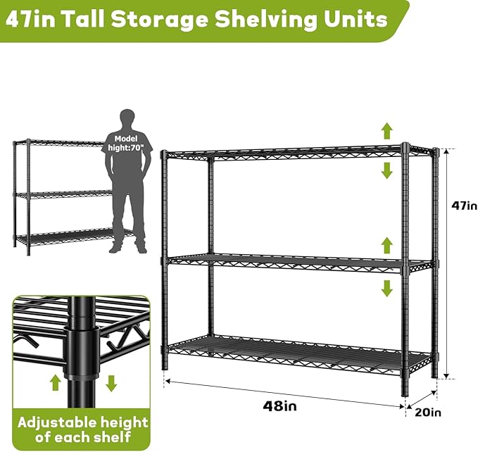 Storage Shelves, 2 PCS 48" L x 20" W x 47" H Heavy Duty Garage Wire Shelving Unit Loads 1200LBS, 3-Tier Adjustable Metal Industrial Utility Shelf Rack for Kitchen, Laundry Room, Basement
