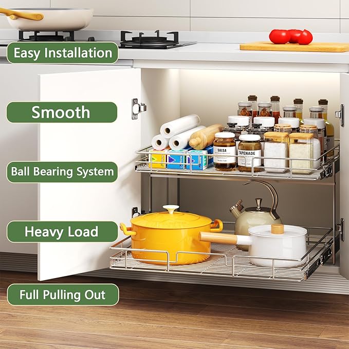 2 Tier Individual Pull Out Cabinet Organizer 31½" W x 21½" D, Heavy Duty Cabinet Pull Out Shelves, Slide Out Drawers Organization for Kitchen Cabinets Bathroom