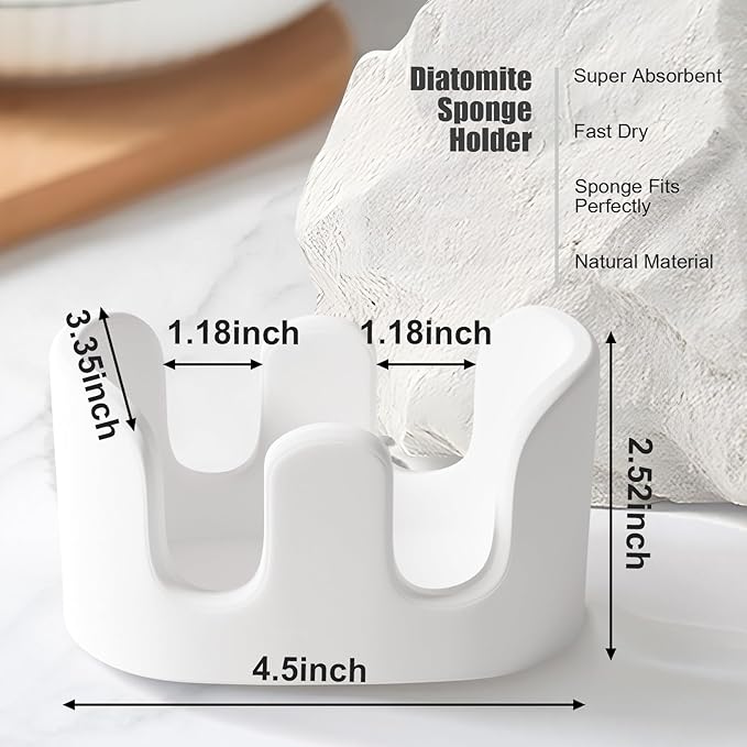 Double Sponge Holder, 2 Slot Diatomite Stone Sponge Holder, Absorbent Sponge Stand for Kitchen Sink, Quick Dry Sponge Caddy Kitchen Sink Organizer, White