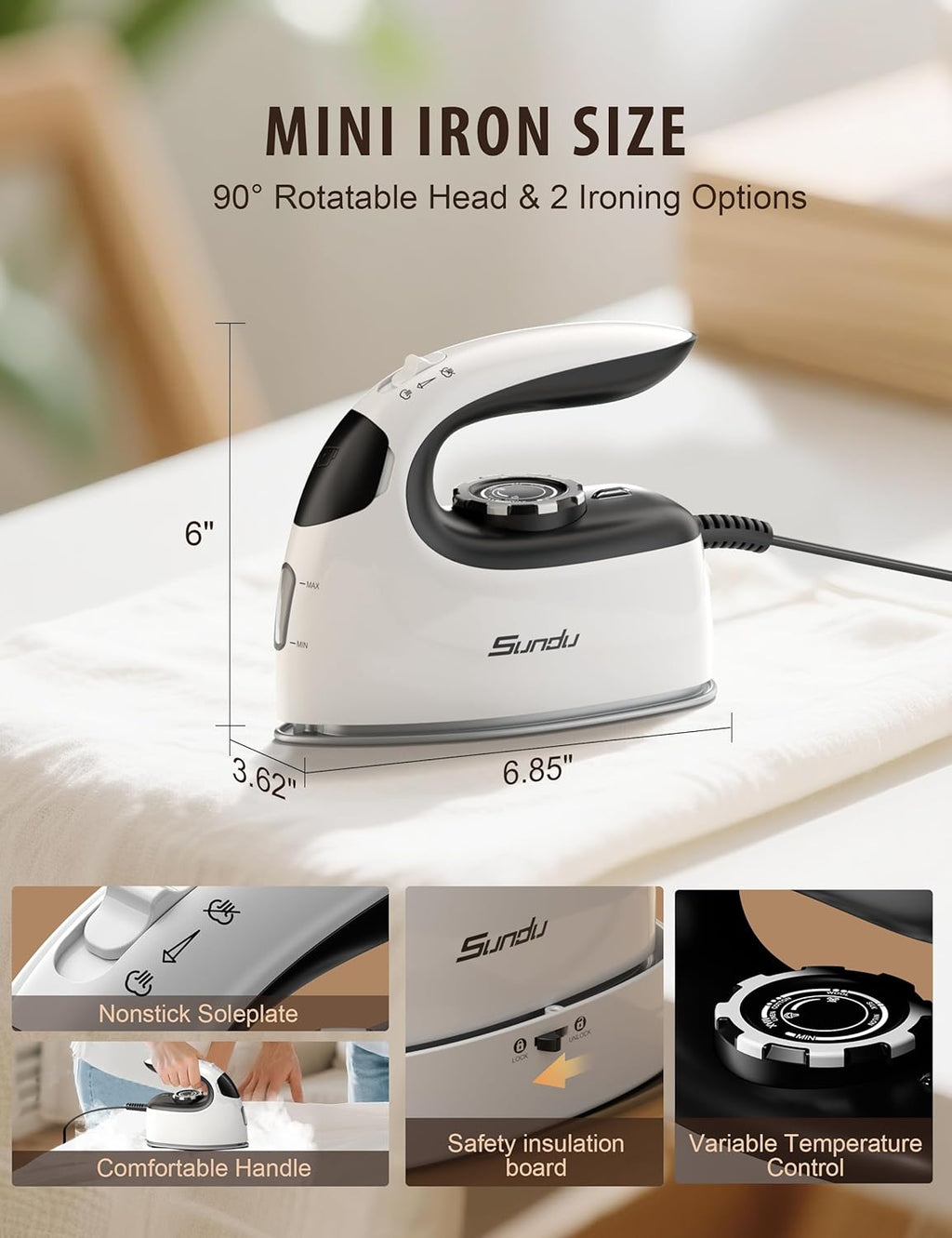 Sundu Mini Steam Iron, Mini Travel Steam Iron, Small Portable Clothes Mini Iron with Rotary Temperature Control, Safety Base for Travel, Quilting & Sewing | Mini Iron for Sewing, White