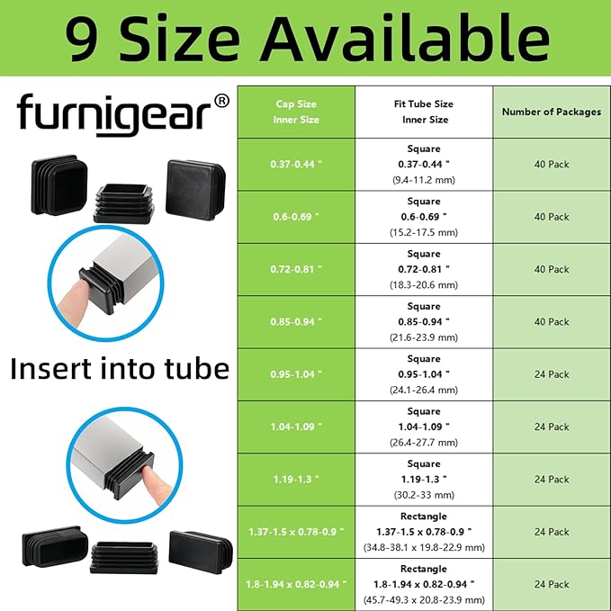 Furnigear Plastic Plugs Tubing End Cap Chair End Caps Outside Bottom Tubing Caps Round Square Rectangle Furniture Sliders Glides Black (24, Fit 1.8-1.94" x 0.82-0.94" Rectangle Tube Inner Size)