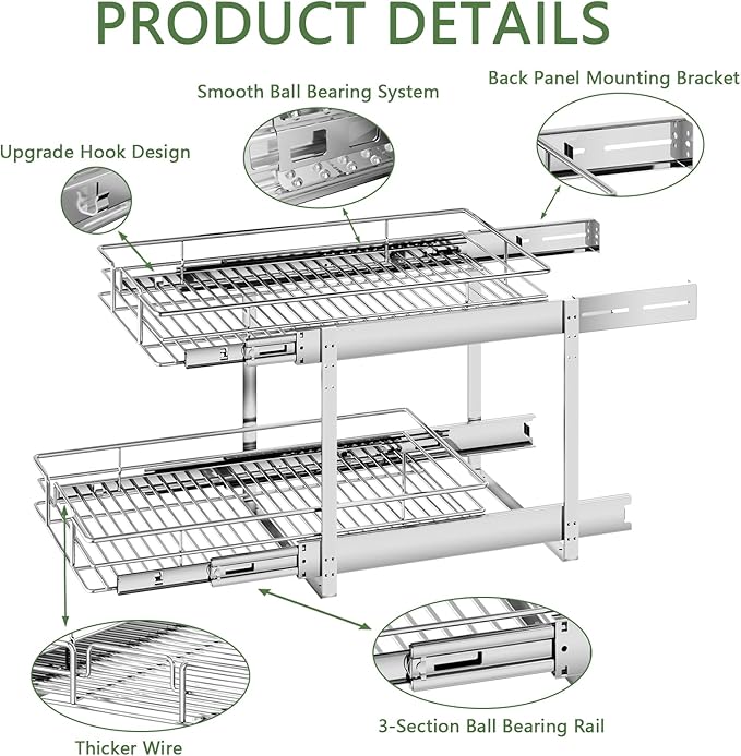 2 Tier Individual Pull Out Cabinet Organizer 16½" W x 21½" D, Heavy Duty Cabinet Pull Out Shelves, Slide Out Drawers Organization for Kitchen Cabinets Bathroom