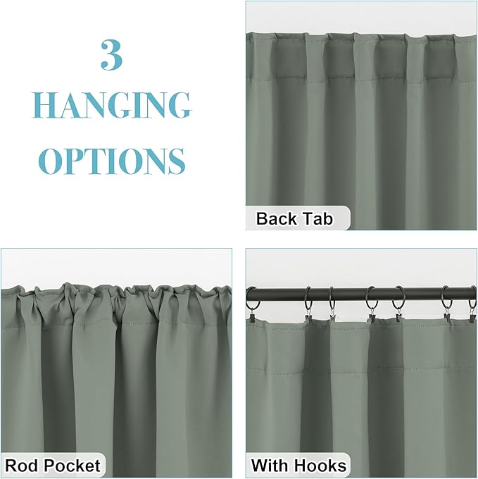 RYB HOME Room Darkening Curtains 2 Panels Set, Energy Efficient Privacy Drapes Back Tab Small Wondow Shades for Bathroom Kids Bedroom, 42 Inch Wide by 63 Inch Long, Sage Green