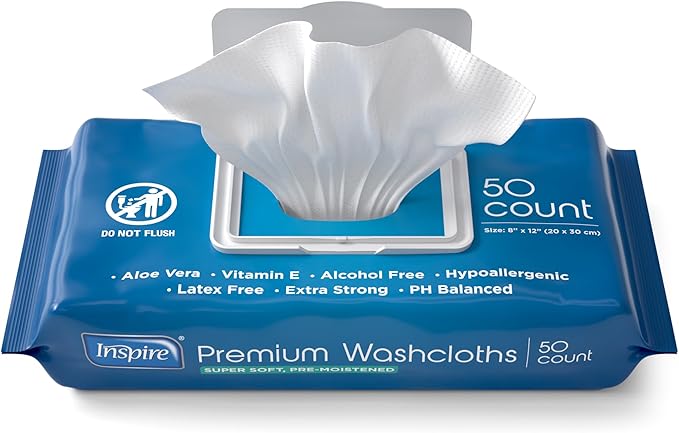 Inspire Adult Wet Wipes, Wash Cloths | Adult Wipes for Incontinence & Cleansing for Elderly, 8"x12" Count 12 packs of 50