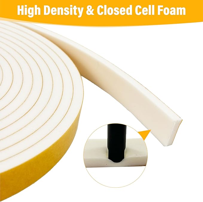 Weather Stripping Foam Tape, 17 Ft Door Seal Strip, EVA Material, High Density 1/4" Thick, No Residue Adhesive, Weatherproof Door Seal Strip for Sliding Door, Windows, White (1/2" Wide)