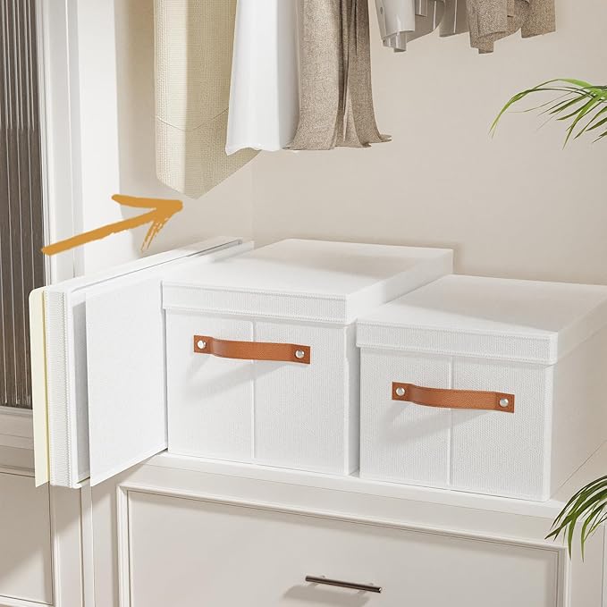 Fabric Storage Bins, Clothes Boxes for Shelves with Lids, Baskets for Organizing with Handles, Decorative Linen Closet Organizers, White, 1 Pack, 15 x 9.8 x 8.3 Inch