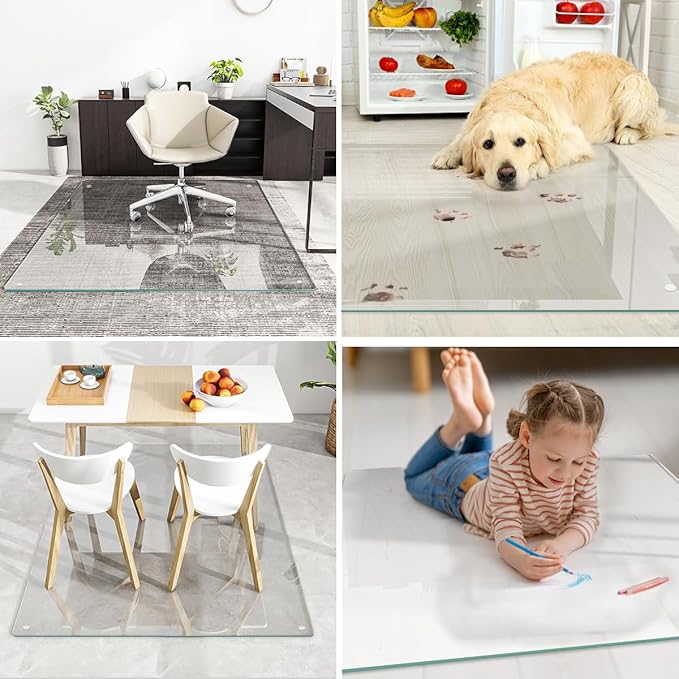 Tempered Glass Floor Mat for Office Chair, 36" x 46" Heavy Duty Hard Office Chair Mat, for Carpeted or Hard Floor, with 4 Anti-Slip Pads, Transparent