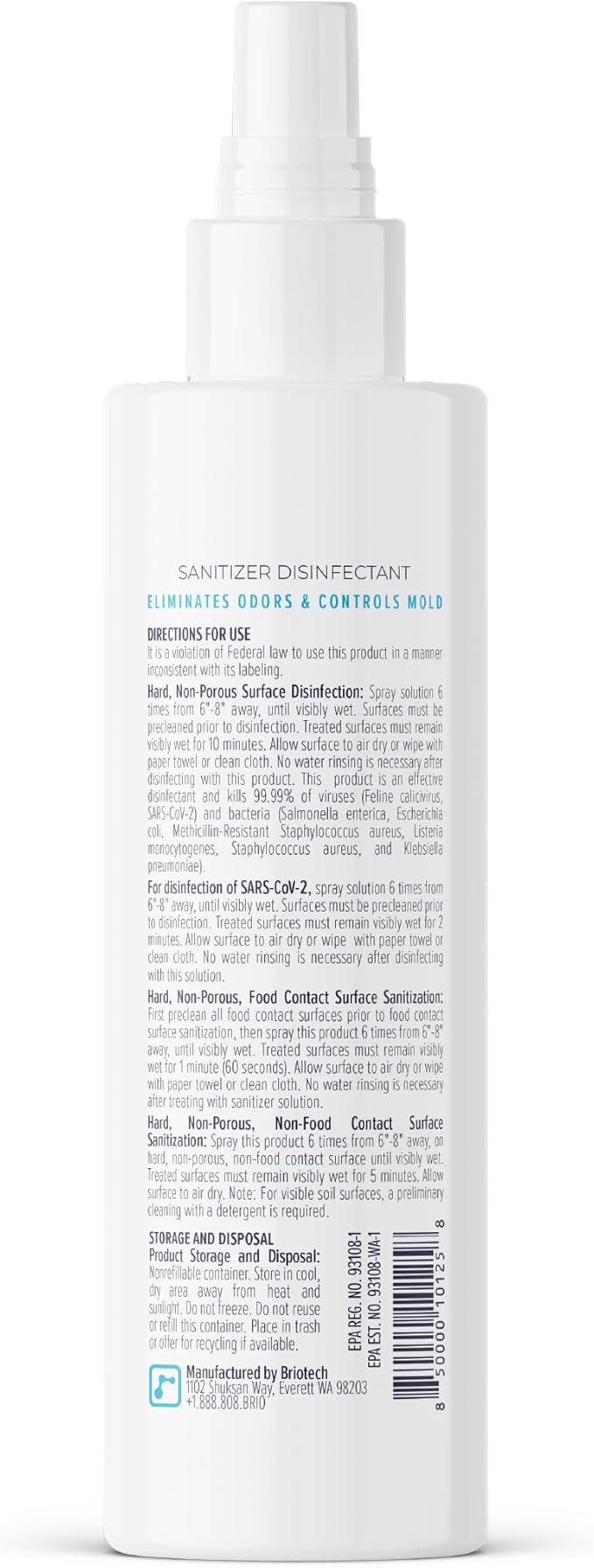 BRIOTECH Sanitizer Disinfectant Hypochlorous Spray, Kill 99.99% of Viruses & Bacteria, Control Mold, Eliminate Odor, Gentle for Nursery & Play Rooms, Food Contact Surface Sanitizer, 8 fl oz (2 Pack)