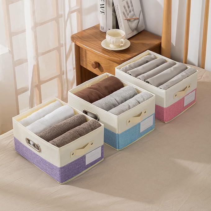 PRANDOM Large Fodable Storage Baskets for Closet [3-pack] Decorative Fabric Storage Bins Cubes with Leather/Metal Handles for Shelves Bedroom Living Room Blue&Cream (14.9x9.8x8.3 Inch)