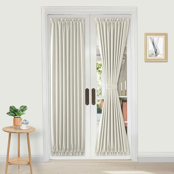 DWCN French Door Curtains – Rod Pocket Thermal Blackout Curtain for Doors with Glass Window, Kitchen and Patio Doors for Privacy, 25 X 72 Inches Long, 1 Curtain Panel with Tieback, Ivory