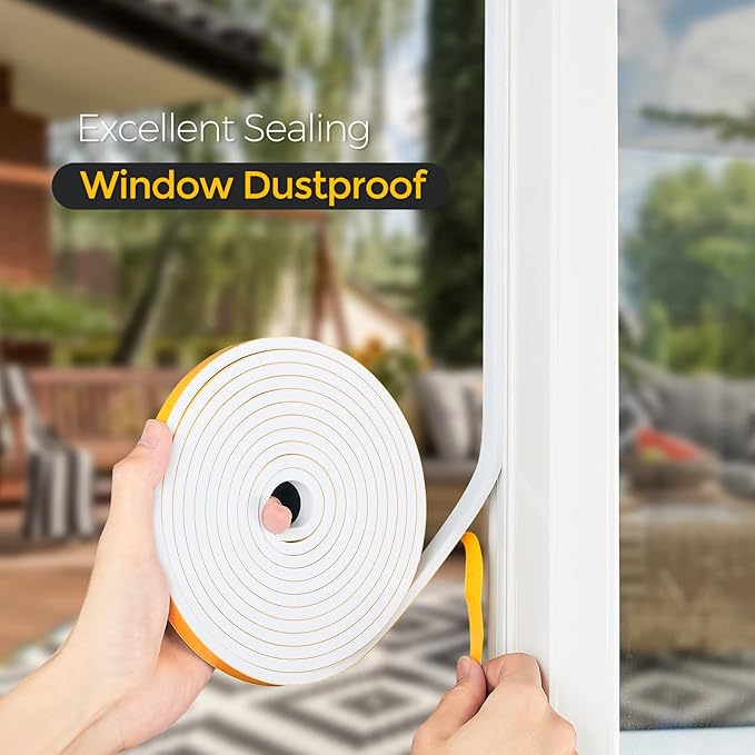26 Feet Weather Stripping Door Seal, 1/2" Wide X 1/4" Thick Door Seal Strip High Density Foam Tape Adhesive Strip for Door Soundproofing,Window Insulation (1/2" x 1/4" x 26FT,White)