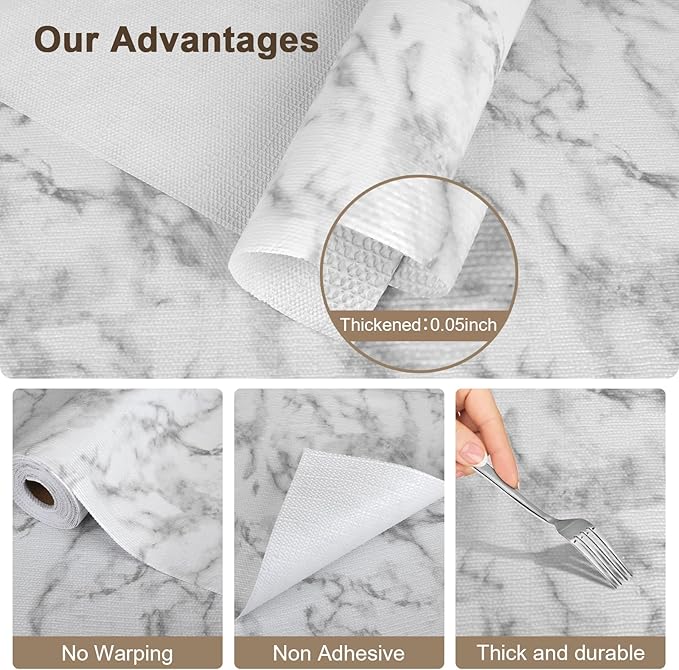 OcePor Non-Adhesive Drawer and Shelf Liner 17.5IN x 20FT，Non Slip Cabinet and Cupboard Liner, Kitchen Cabinet Liners for Shelves, Waterproof Drawer Shelf Liners for Cabinets/Bathroom Cupboard, Marble