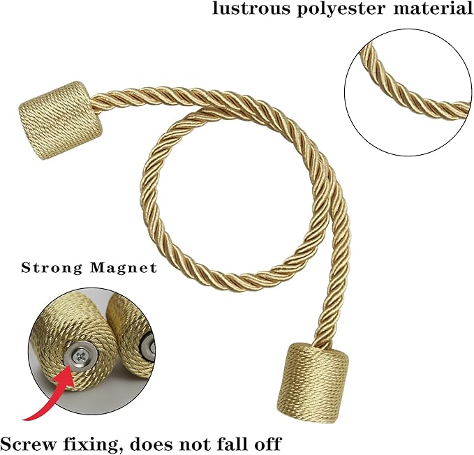 6 Pack Gold Strong Magnetic Curtain Tiebacks Outdoor Elegant Decorative Tie Backs Modern Rope Tiebacks for Drapes Window Curtain Holdbacks for Draperies