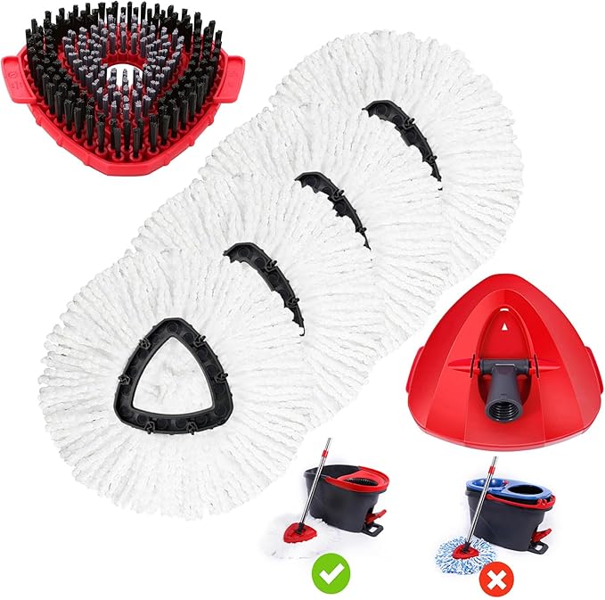 4 Pack Mop Replacement Heads Compatible with Oceda EasyWring 1-Tank System - Includes 1 Mop Scrub Brush Head,1 Mop Base,Microfiber Mop Refills, Easy Cleaning Mop Head Replacement(White)