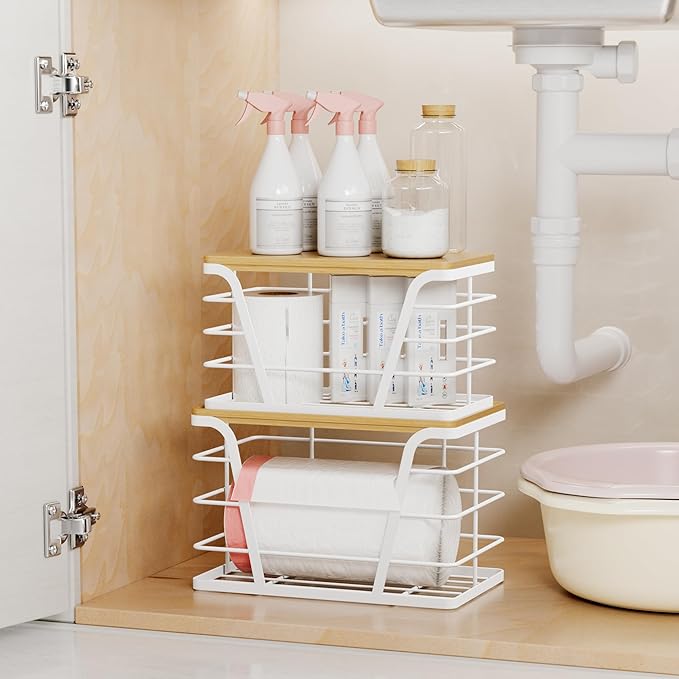 2 Pack Stackable Laundry Room Organization and Storage, Laundry Room Decor and Accessories, Trash Bag Holder with Bamboo Top and Garbage Bag Dispenser, White