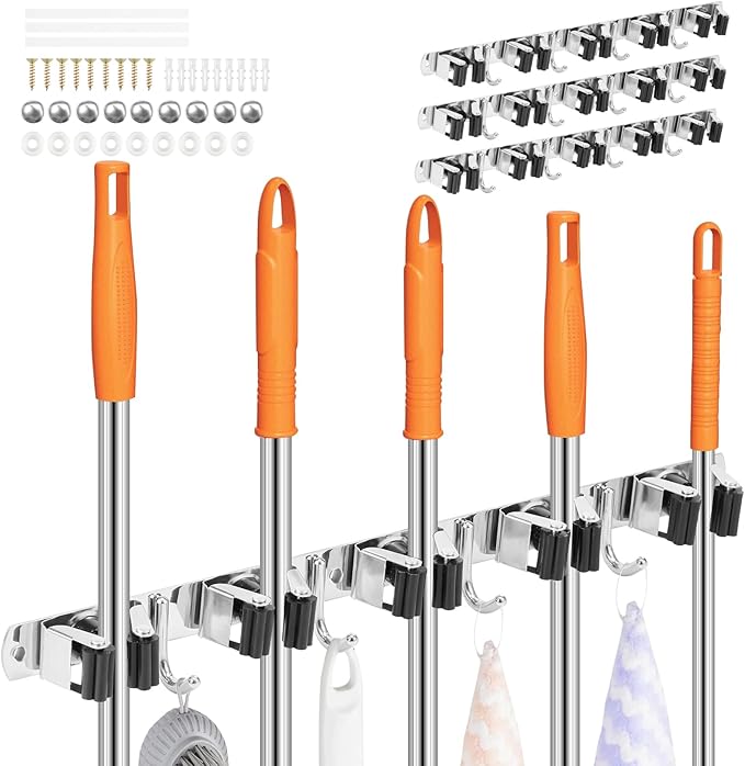 3Pcs 5 Racks 4 Hooks Stainless Steel Broom Mop Holder Anti Slip Wall Mount Broom Storage Rack Strong Load Bearing Waterproof Mop Broom Organizer for Bathroom Kitchen Garage