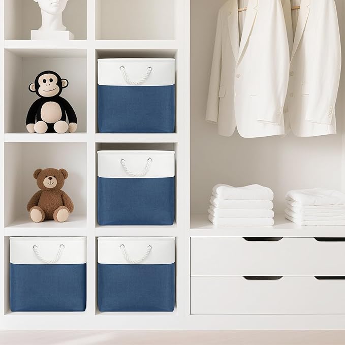 13x13 Inch Cube Storage Bins with Reinforced Bottom Cardboard, 6 Pack Large Collapsible Fabric Storage Cubes with Handles for Shelf, Closet, Toy, Laundry Organization (White&Navy Blue)