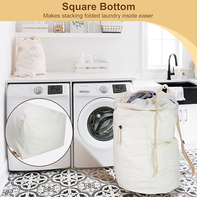 Laundry Bag Backpack, Canvas Laundry Bag with Straps & Drawstring Closure Washable Dirty Cloth Hamper Bag with Large Front Pocket for College, Travel, Laundromat, Camping (Beige)