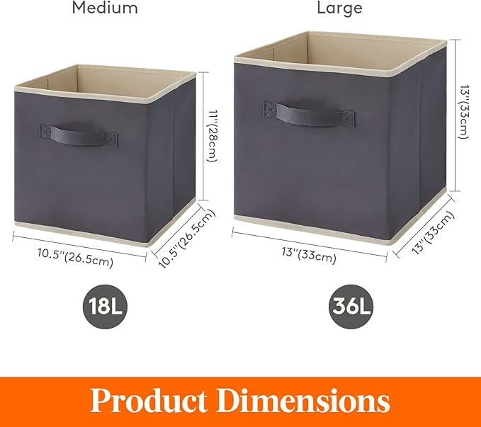 Lifewit 13 Inch Cube Storage Bins, Storage Cubes Foldable Medium Decorative Fabric Storage Baskets for Organizing Home Organizers with Handles for Shelves, Closet, Set of 8, 36L Grey