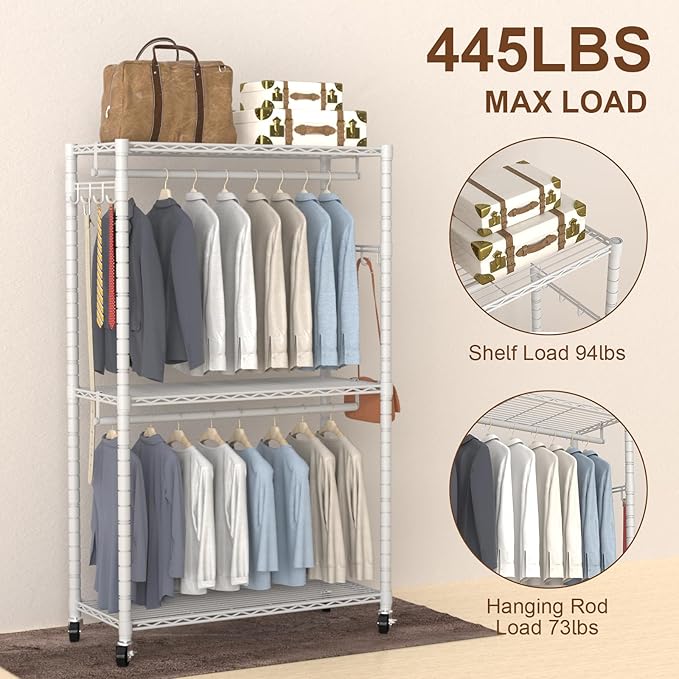 Clothes Rack, Clothing Rack for Hanging Clothes, 3 Tiers Adjustable Heavy Duty Closet Organizer with Wheels | Double Rods | Side Hooks | Load 445lbs | 35.43" L x 15.7" W x 78.34" H | White