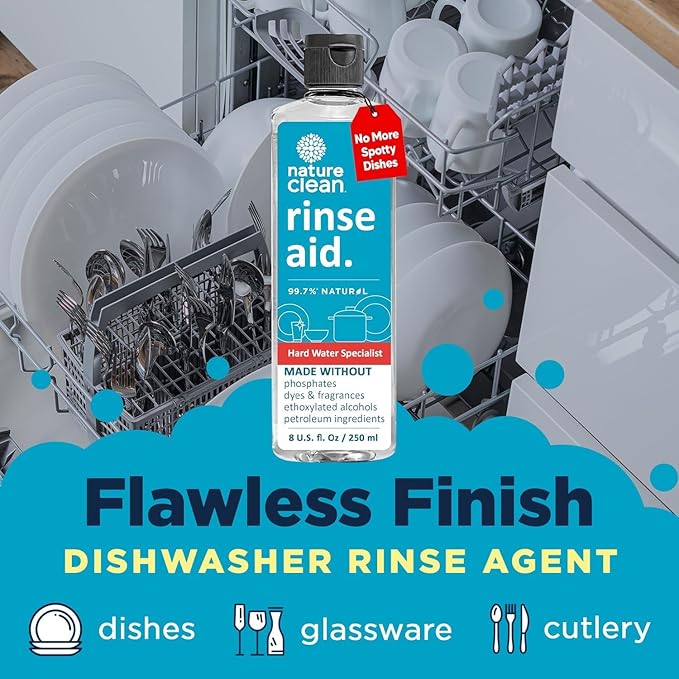 Nature Clean All Natural Dishwasher Rinse Aid Cleaner, Liquid Dishwasher Rinse Agent for Spot-Free Glass & Cutlery in Hard Water, Non Toxic Dish Washer Rinse Aid & Stain Remover, 8 oz/250ml, Pack of 4
