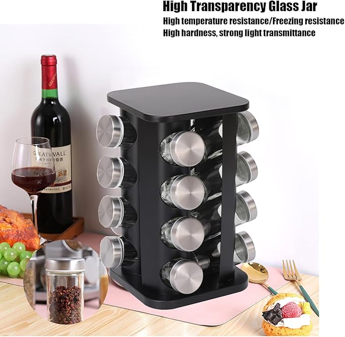 Spice Rack, Spice Rack Organizers for Countertop, Rotating Countertop Spice Rack, Revolving Spice Rack for Kitchen, Kitchen Gadgets, Organizer Rack with Spice Jars (Black, SquareHead_12Jars)