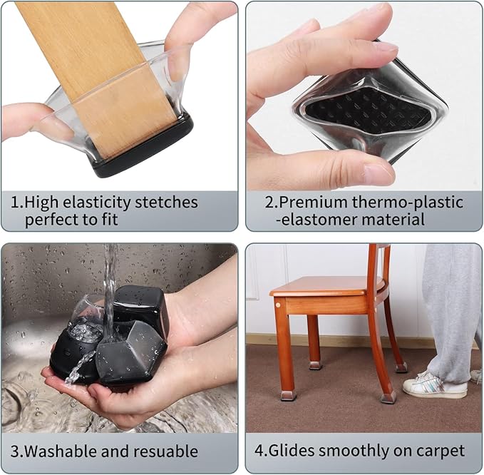 Ezprotekt 8 Pcs Large Clear Chair Leg Sliders for Carpet, Square Teflon Furniture Glides Pads Caps for Rug, Bar Stool Leg Protectors Covers for Table, Chair, Sofa Legs (XL Fit: 1.5" - 2")