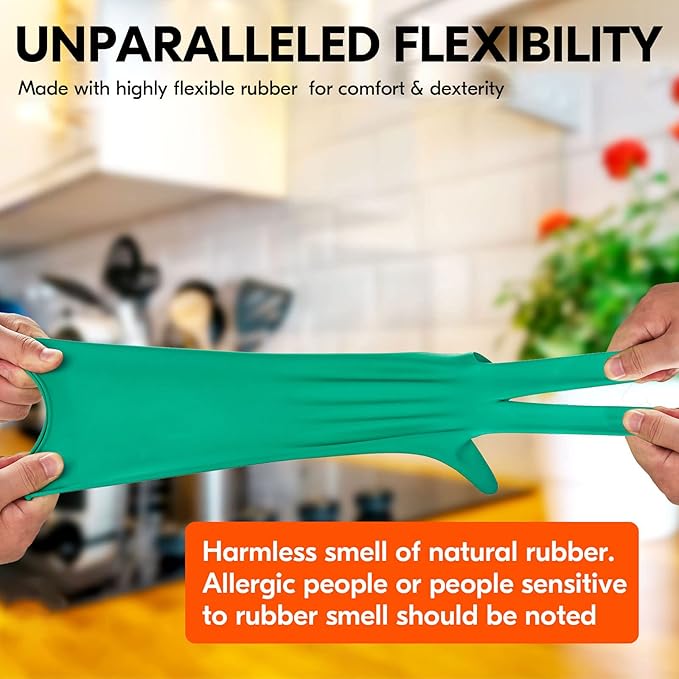 Vgo... 1-Pair Reusable Household Gloves, Rubber Dishwashing gloves, Extra Thickness, Long Sleeves, Kitchen Cleaning, Working, Painting, Gardening, Pet Care (Size M, Green, HH4601)