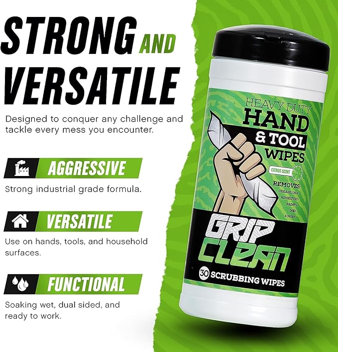 Grip Clean Heavy Duty Hand & Tool Cleaning Wipes – Waterless Hand Cleaner for Mechanics, Garage & Shop Use – Dual-Sided Grease, Oil & Paint Remover Wipes with Citrus Scent - 30ct