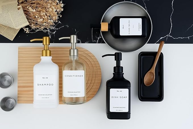 Emerson Essentials Soap Dispenser, Dish Soap Dispenser, Soap Dispenser Bathroom Set, Hand Soap Dispenser, Kitchen Soap Dispenser Set, Glass Soap Dispenser with Pump and Labels | 16 Oz, 2-Pack