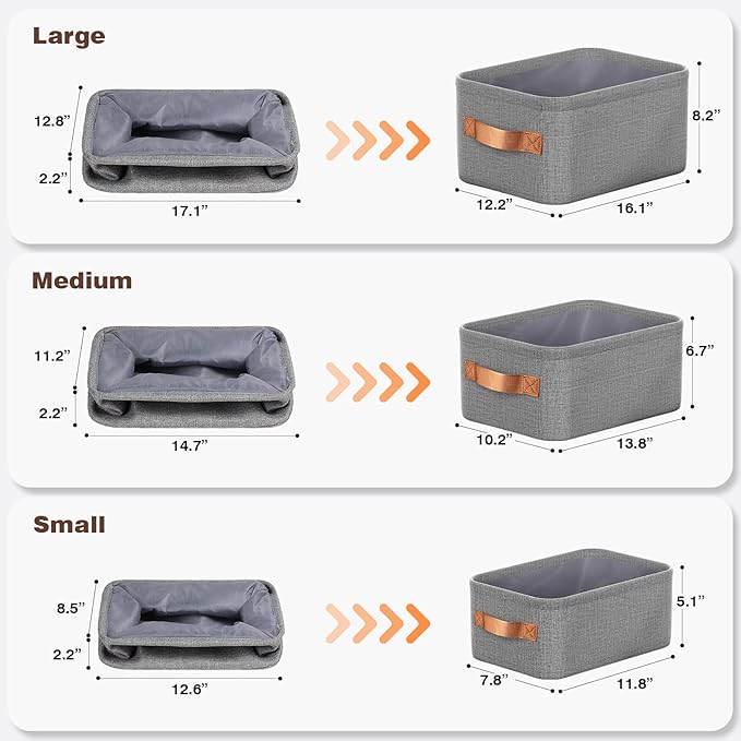 Large Storage Baskets for Shelves 3 Packs, Fabric Storage Bins for Shelves with Handles, 16.1'' L ×12.2'' W × 8.2'' H Collapsible Baskets for Organizing Clothes, Toy, Grey