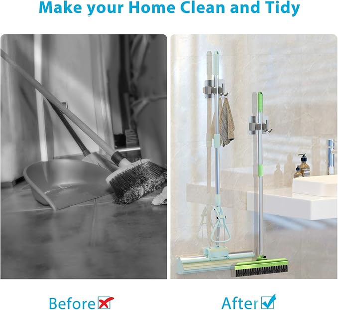 Mop Broom Holder No Drill, Mop Broom Organizer Wall Mounted Heavy Duty with Hooks Hanger, Self Adhesive Stainless Steel 4Pcs for Bathroom, Kitchen, Office (Silver)