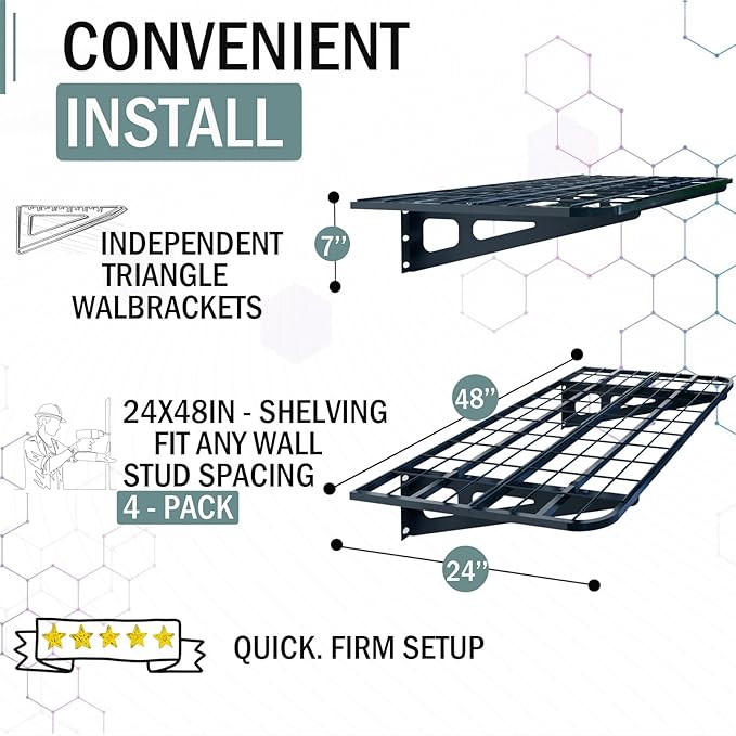 2-Pack 2x4ft Garage Wall Shelves, 2 Shelf Total 8 ft(L) Garage Shelving Wall Mounted – Heavy-Duty Storage Shelves, Perfect for Holding Storage Bins, Boxes, Sporting Goods, Tools, and More Space-Saving