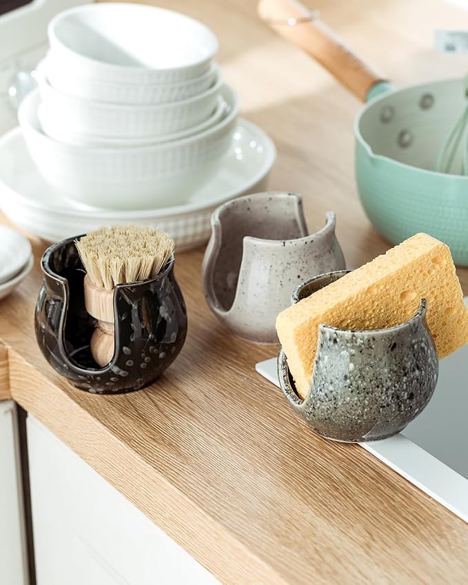 Ceramic Sponge Holder, Kitchen Sponge Holder Sink Caddy Organizer Dish Rack for Kitchen Sink Suction, Bathroom, Brush, Special Gray