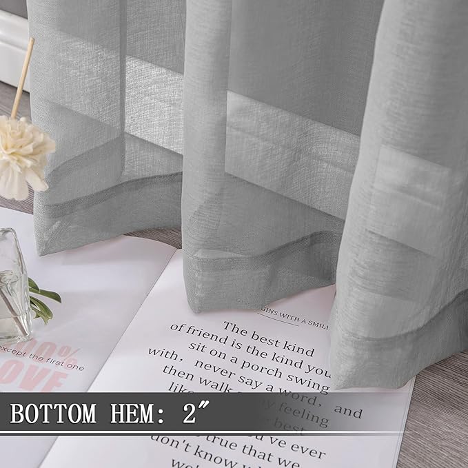 Tollpiz Sheer Tier Curtain Linen Textured Half Kitchen Curtains Sheer Light Filtering Rod Pocket Voile Small Curtains for Bathroom, 25 x 36 inches Long, Silver Grey, Set of 2 Panels