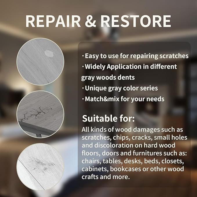 Wood Repair Kit, 13Pcs Wood Fillers, Furniture Repair Kit Scratch Cover for Wood Cracks, Stains, Discoloration for Furniture, Table, Door, Cabinet, Floor Wood Touch Up Wood Stain Paint, Gray