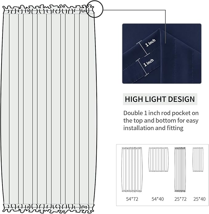 DWCN French Door Curtains – Rod Pocket Thermal Blackout Curtain for Doors with Glass Window, Kitchen and Patio Doors for Privacy, 25 X 72 Inches Long, 1 Curtain Panel with Tieback, Navy Blue