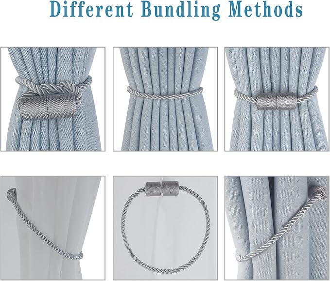 Magnetic Curtain Tiebacks 4 Pack Grey Curtain Rope Tieback Curtain Holders for Drapes Modern Tie Backs Decorative Curtain Holdbacks