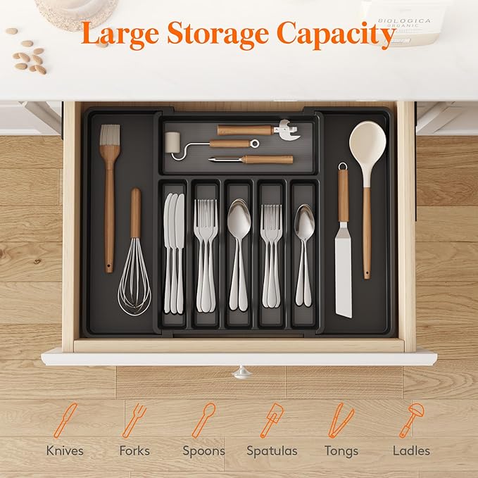 Lifewit Silverware Drawer Organizer, Expandable Utensil Tray with Non-Slip TPR, Deep Flatware Cutlery Holder, Adjustable Plastic Kitchen Storage for Spoons Forks Knives, Large, Black and Gray