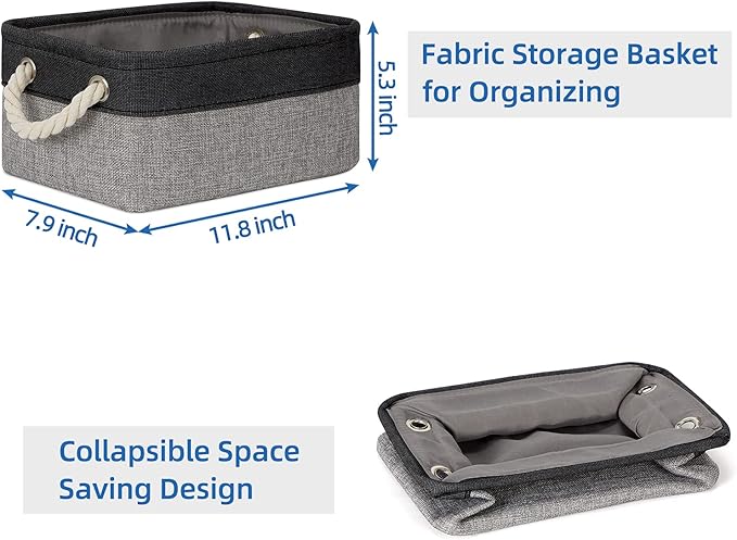 Temary Fabric Storage Baskets 6 Pcs Small Cloth Basket for Shelves Collapsible Decorative Storage Organizer Small Canvas Storage Bins with Handles (Black,11.8L x 7.9W x 5.3H inches)