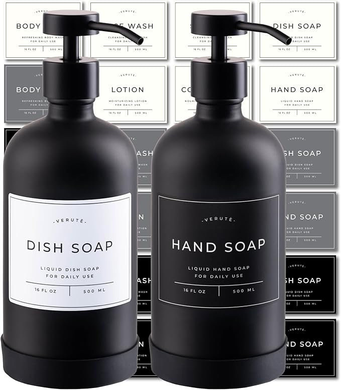 16oz Glass Soap Dispenser with Stainless Steel Pump, 21 Waterproof Labels, Non-Slip Protective Silicone Pad, Set of 2 for Bathroom & Kitchen (Matte Black Bottle/Black Pump)