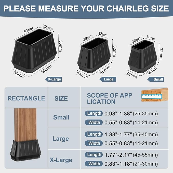 24PCS Rectangular Chair Leg Floor Protectors for Hardwood Floors, Thicken Rubber Chair Leg Cap Covers, Non Slip Furniture Leg Pads to Protect Wood Tile Floors from Scratches and Reduce Noise