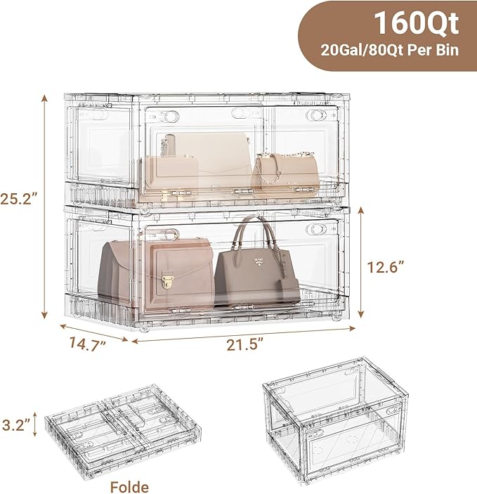 BROVIEW Clear Stackable Storage Bins Drawers, Open Front Large Plastic Storage Bins with Lids, Foldable Closet Organizers and Storage for Wardrobe Cabinets, Pantry, Makeup,2 Pack